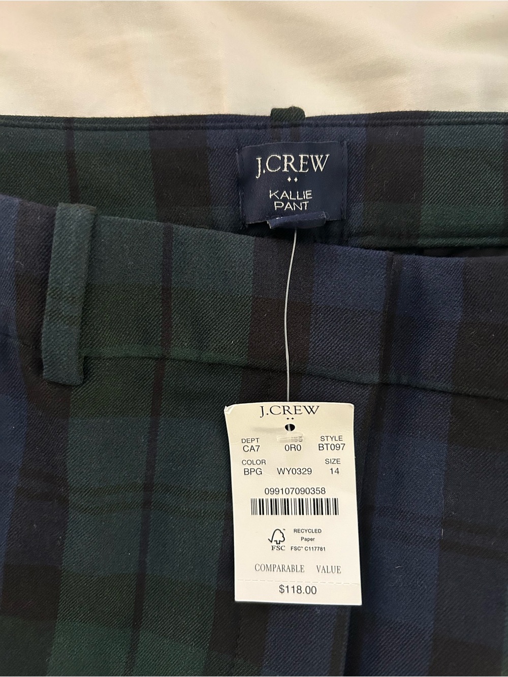 J. Crew Kallie Plaid Pants in Navy and Dark Green size 14 NWT